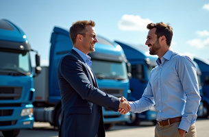 Partnerschaft mit Allgaier Logistik Foto (KI-Generiert): blaue LKW mit 2 Männern, die sich die Hand schütteln