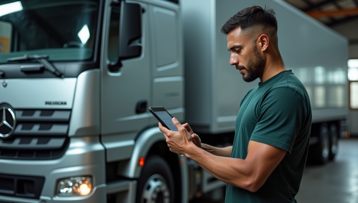 TaMMI bei der Auslieferung Man mit Tablet vor einem Lkw